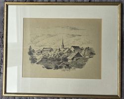 FederZeichnung Dorfansicht mit Kirche gerahmt. guter Zustand