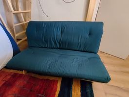 Futon Schlafsofa mit Holzgestell grün-blau gebraucht