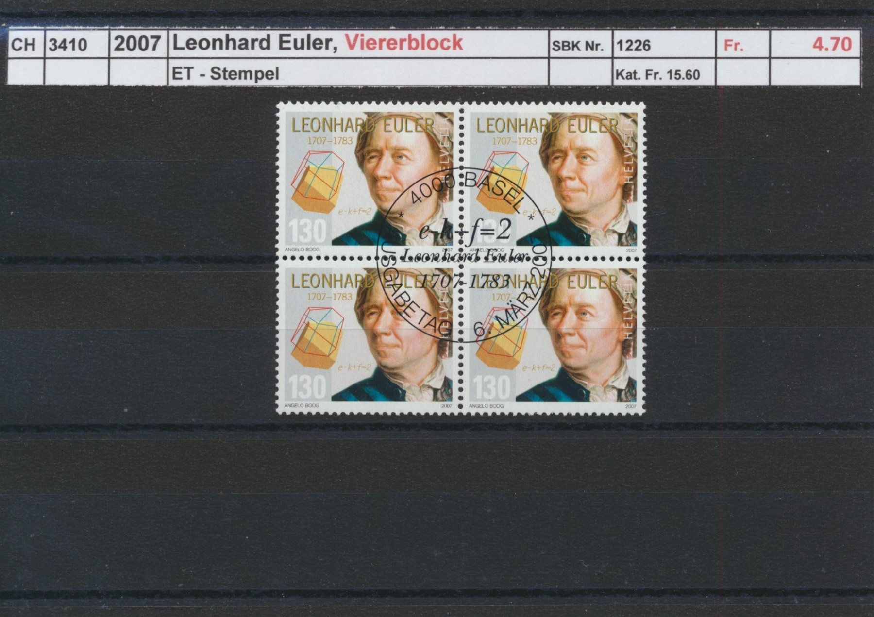 Tous les timbres: 2007 "Leonhard Euler", Viererblock, ET - Stempel – D'occasion à Winterthur par Zupogeru