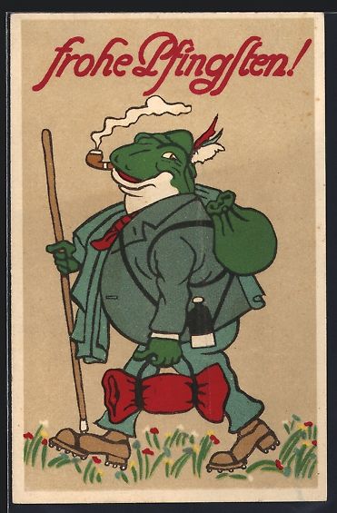 Cartoline postali: Frosch mit Wanderausrüstung und Pfeife, – Usato da Berlin venduto da bartko-reher