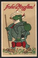 Frosch mit Wanderausrüstung und Pfeife,