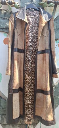 Damen Mantel Boho Echtleder braun gemustert lang Grösse M