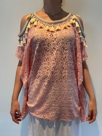 Rose Bluse Damen mit Fransen und Spitze, Grösse S ungetragen