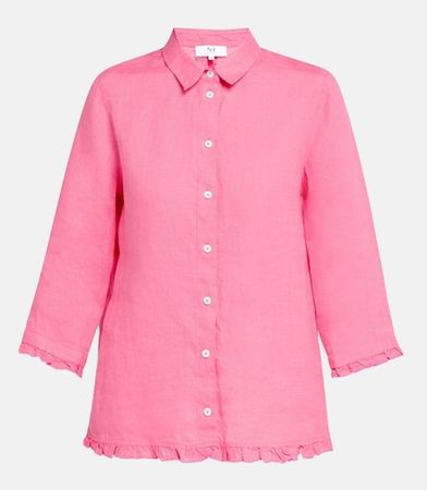 Nadine H Bluse 100% Leinen XL 44 46 rot 3/4 Arm Rüschen Saum