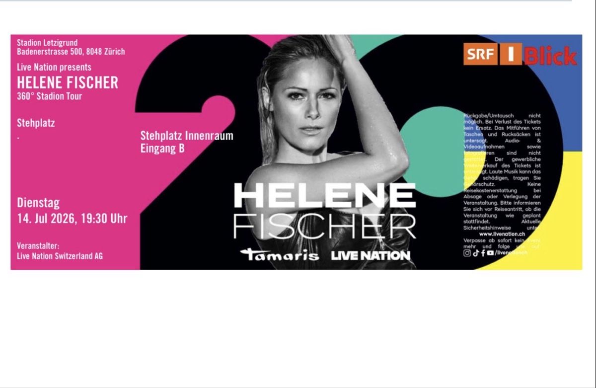 Biglietti: Helene Fischer 2 StehplatzTickets – Nuovo (secondo la descrizione) da Ipsach venduto da nahuip