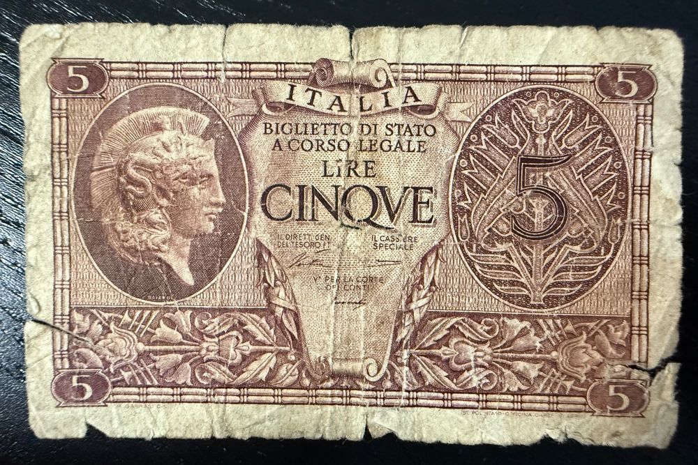 Banknote Italien 5 Lire 1944 (Gebraucht) in Opfikon für CHF 2 – mit ...