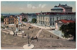 Genève, la Place Neuve, animée, colorée, circulée 1921