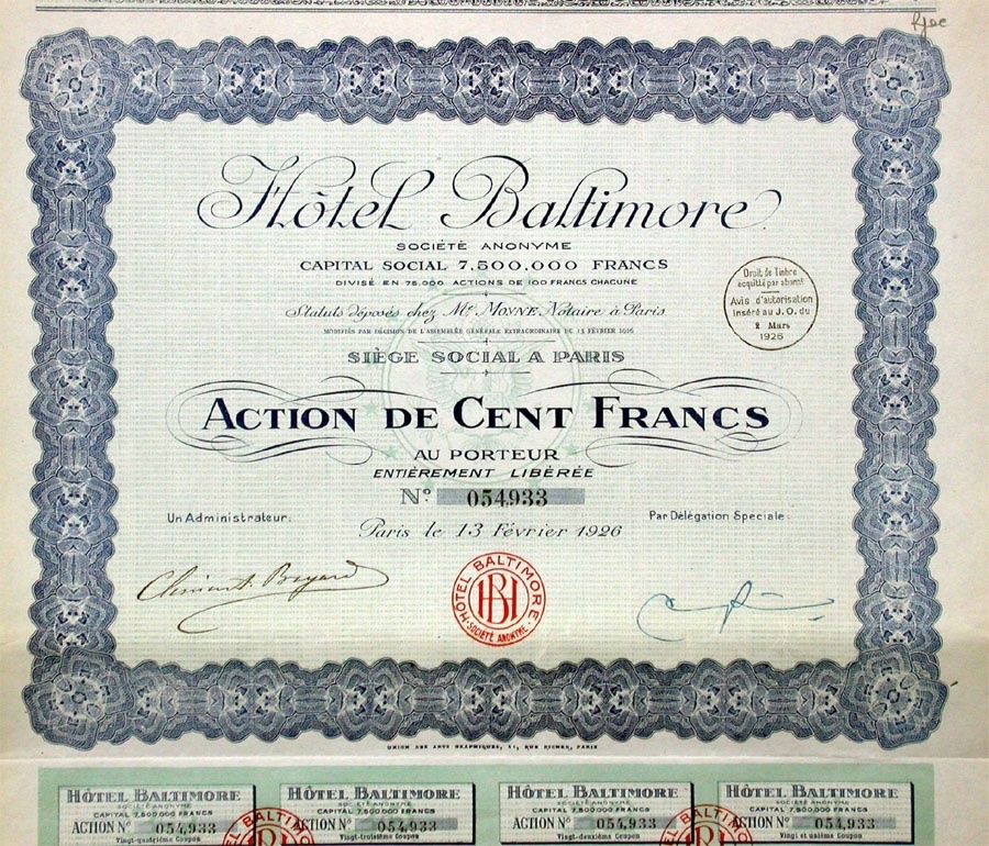 Documenti: Hotel Baltimore SA, Paris - 1926 – Usato da Solothurn venduto da Sgasche