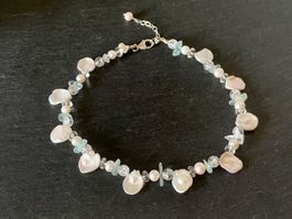 Keshi Perlenkette mit Aquamarin & Bergkristall - Silber
