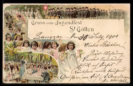 Lithographie St. Gallen, Jugendfest, Feierlichkeiten im Gart