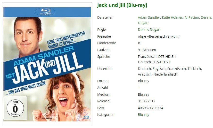 Tutti i DVDs: Jack und Jill (Blu-ray) – Usato da Emmetten venduto da SVollenweider