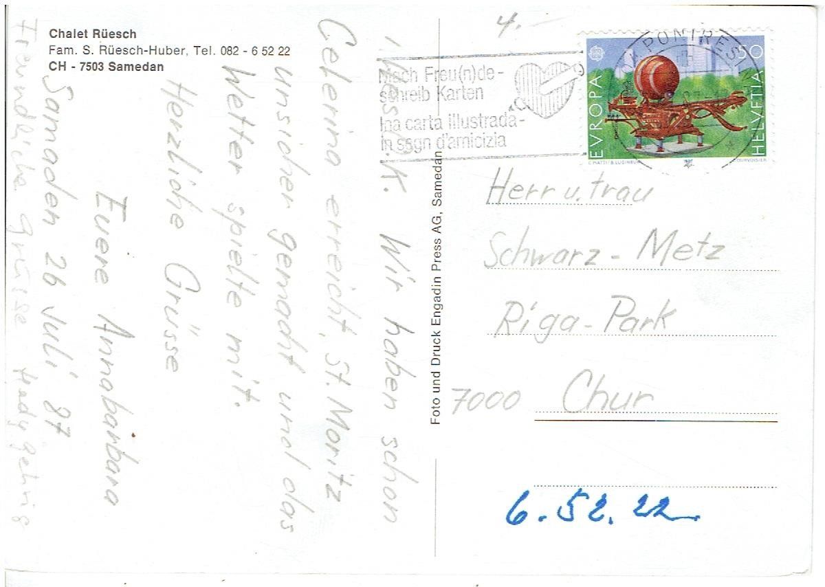 Cartoline postali: Chalet Rüesch Samedan 1987 – Usato da Flims - Dorf venduto da Stagediver 1