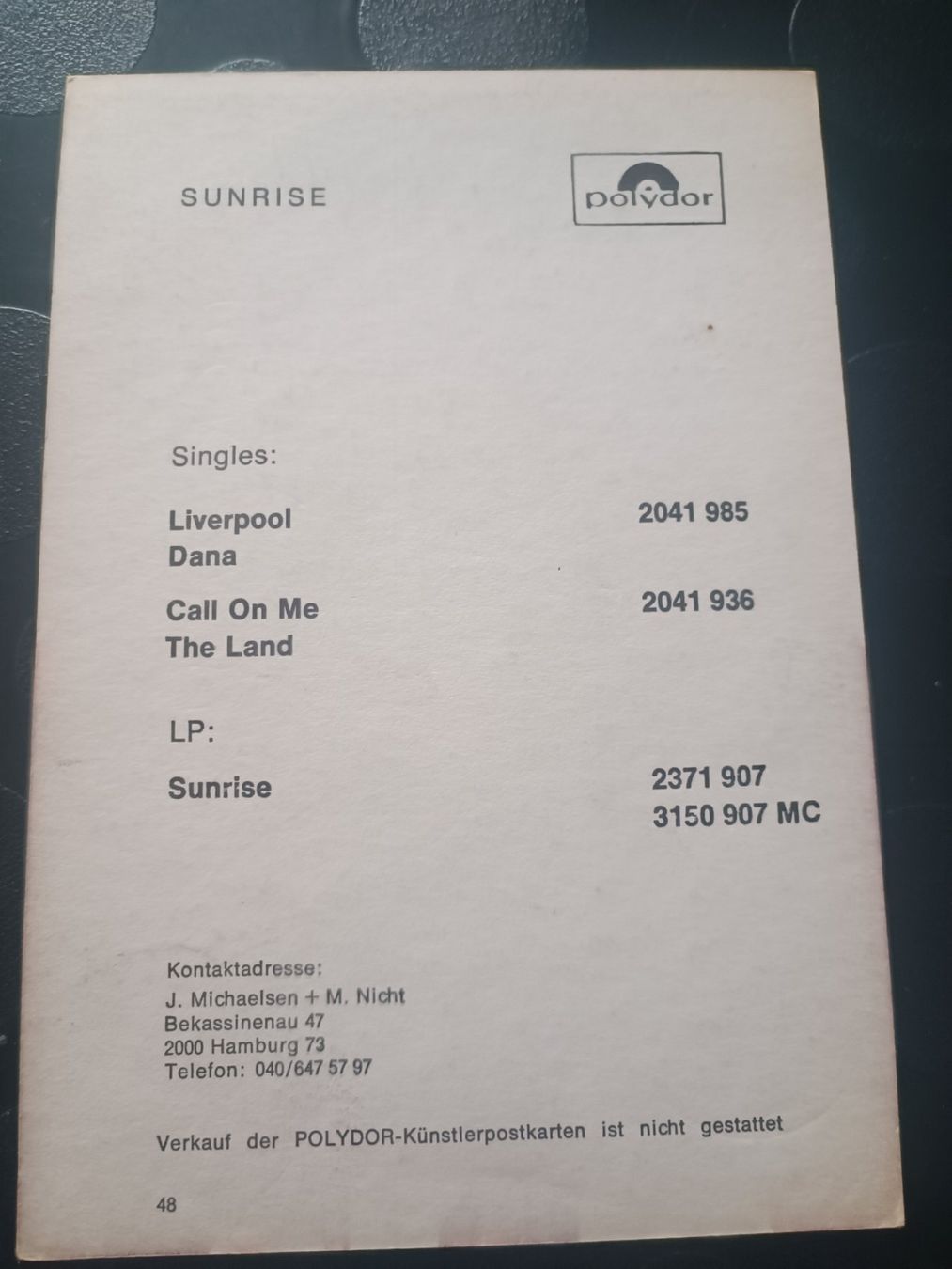Autogramme: Sunrise - alte Autogrammkarte - Handsigniert – Gebraucht aus Menziken von Artographs 1