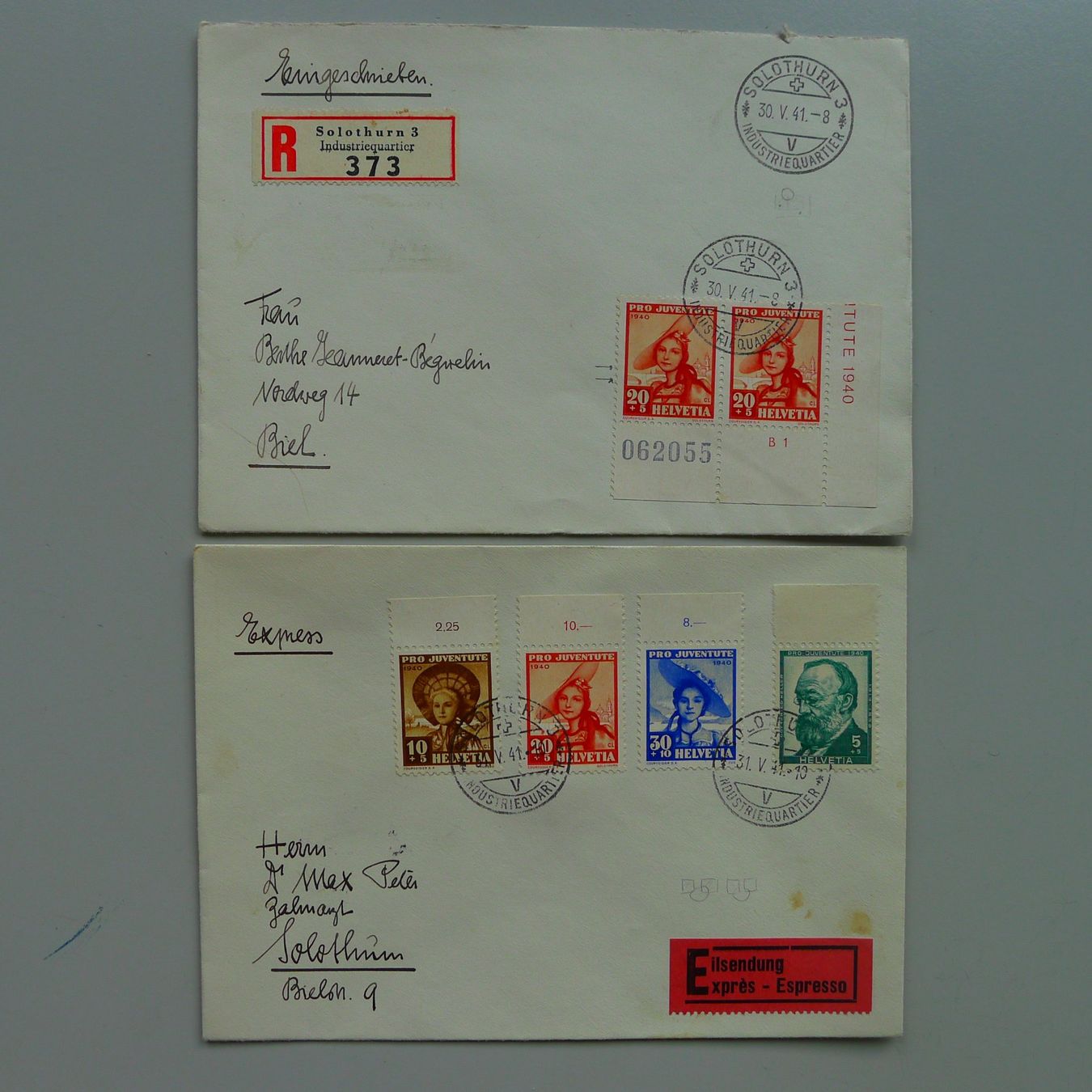 Tous les timbres: 1930-1957, 72 Briefe Pro Juventute mit Abarten v. SOLOTHURN. – D'occasion à Sursee par Luzernerraute 3