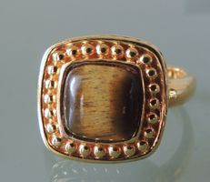 POMPIDOU vergoldeter Silber 925 Fingerring Tigerauge Gr. 56