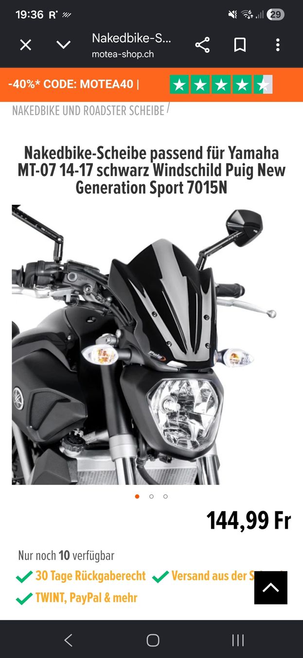 Puig Tutti i ricambio per moto: Yamaha Mt 07 Puig Windschild – Usato da Fislisbach venduto da captn_mah