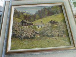 Gemälde J. Zuber, Frühlingslandschaft mit Hühnern, gerahmt