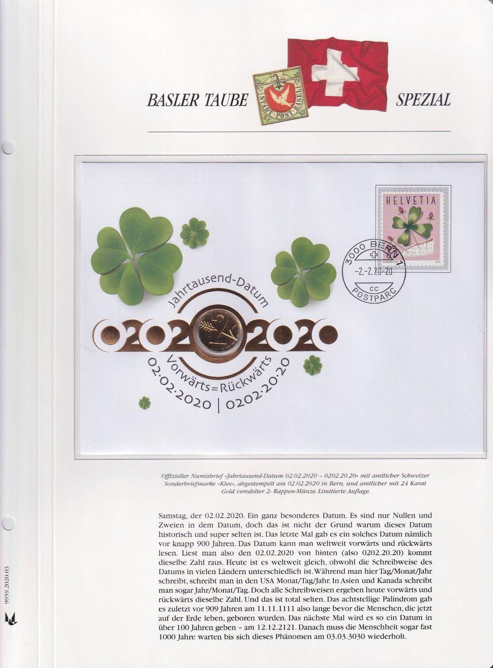 Tous les timbres: 2020, Numisbrief/Münzbrief "2.2.2020" mit 2 Räppler. – D'occasion à Sursee par Luzernerraute 4