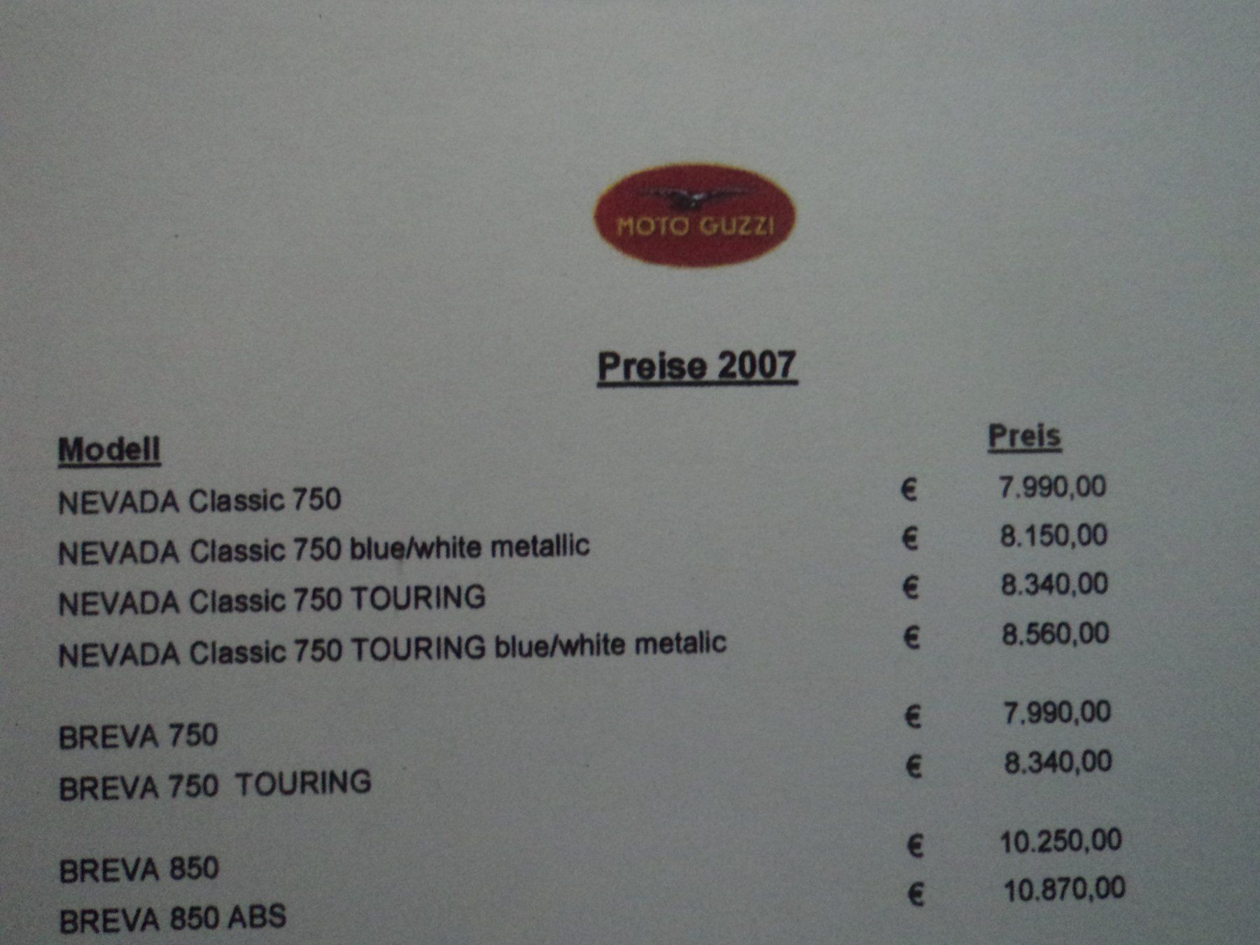 Moto Guzzi Documenti: Prospekt Preisliste Moto Guzzi 2007 – Usato da Schwarzenburg venduto da modelCARama