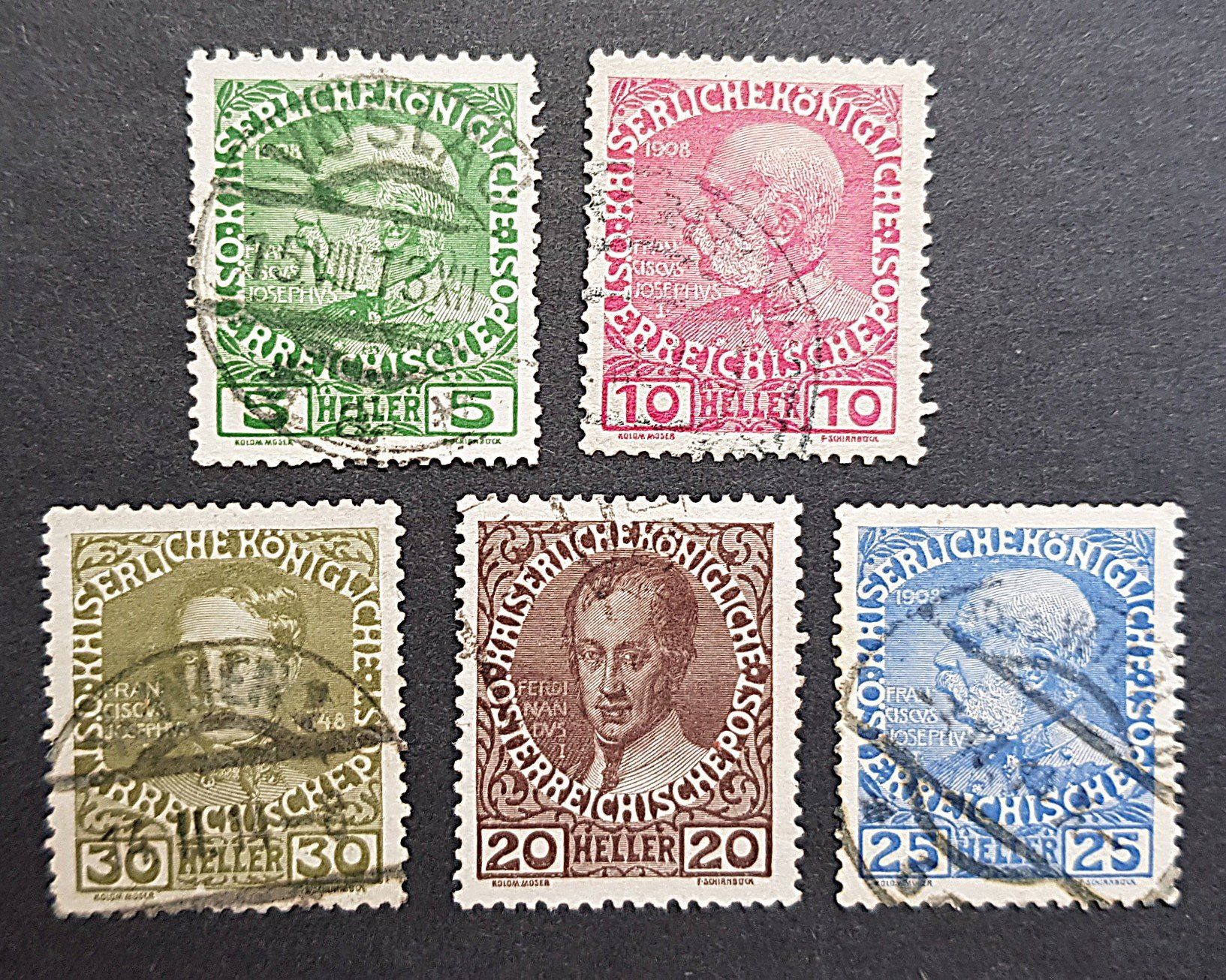 Tutti i francobolli: 1908 Österreich Kaiser-Marken 5 Werte – Usato da Winterthur venduto da Saba1972