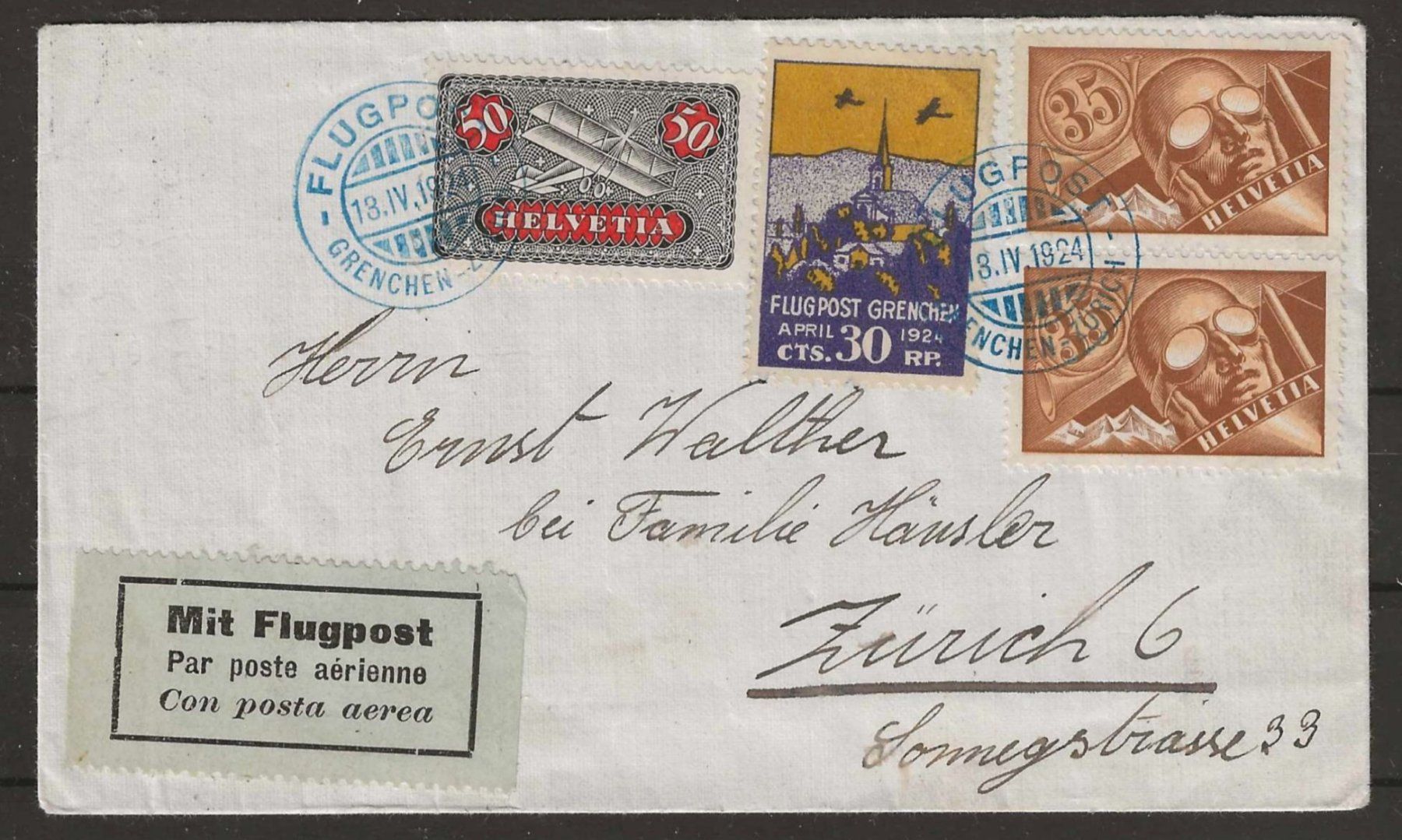 Alle Briefmarken: 1924 : Flugpostbrief Grenchen - Zürich, KP 285.- – Gebraucht aus Gümligen von Geniusbuy