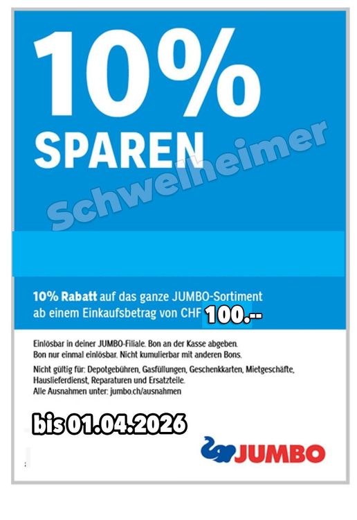 Jumbo: 10 % Rabatt auf Alles inkl. reduzierte Art bis 01.04 (Neu und ...