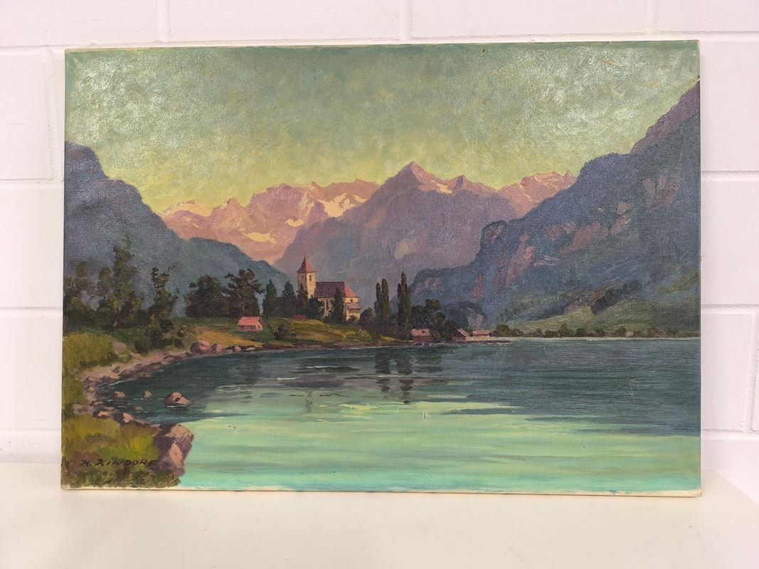 Dipinti: Ölgemälde - H. Kindorf, Kirche am See – Usato da Rüti ZH venduto da Restwert_Rueti_ZH