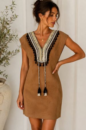 Abito donna marrone con perline e frange taglia M