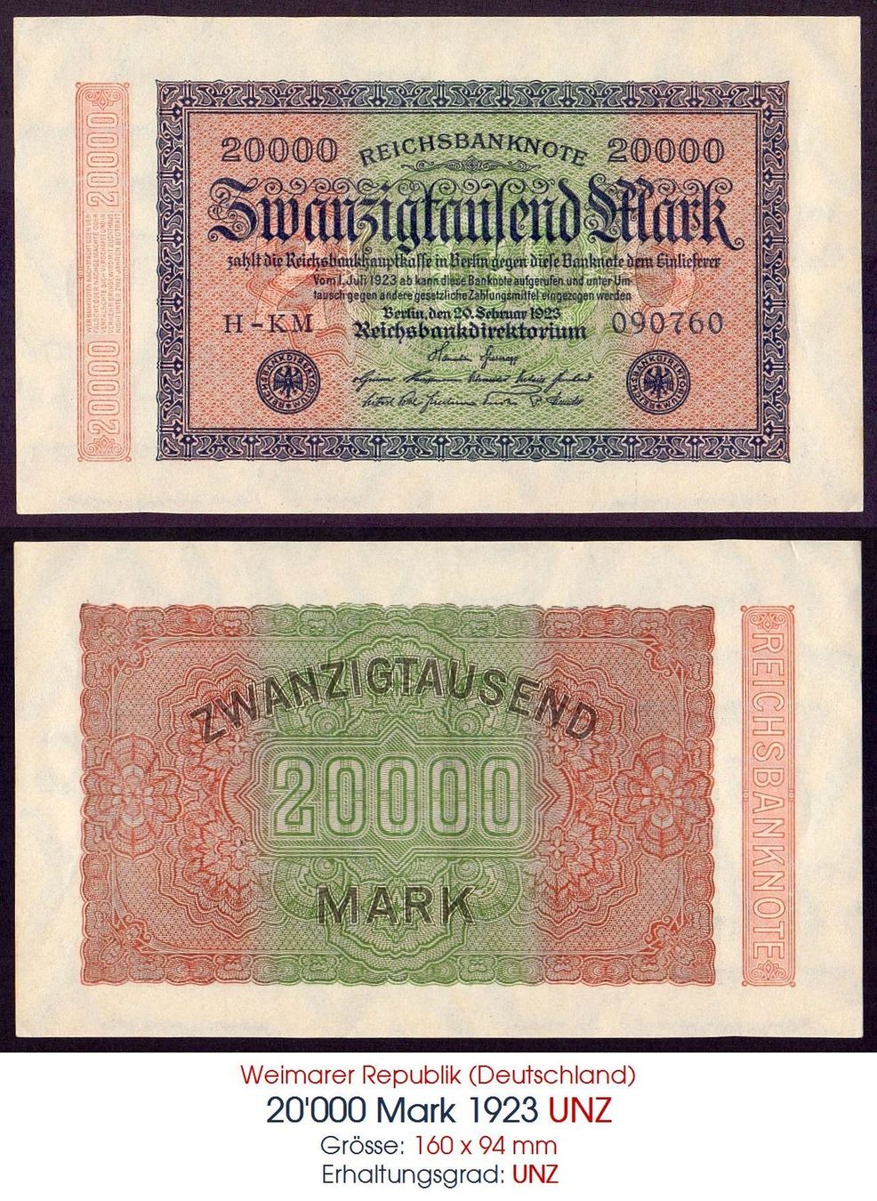 Banconote: 20'000 Mark 1923 UNZ – Nuovo (secondo la descrizione) da Flamatt venduto da samowarow