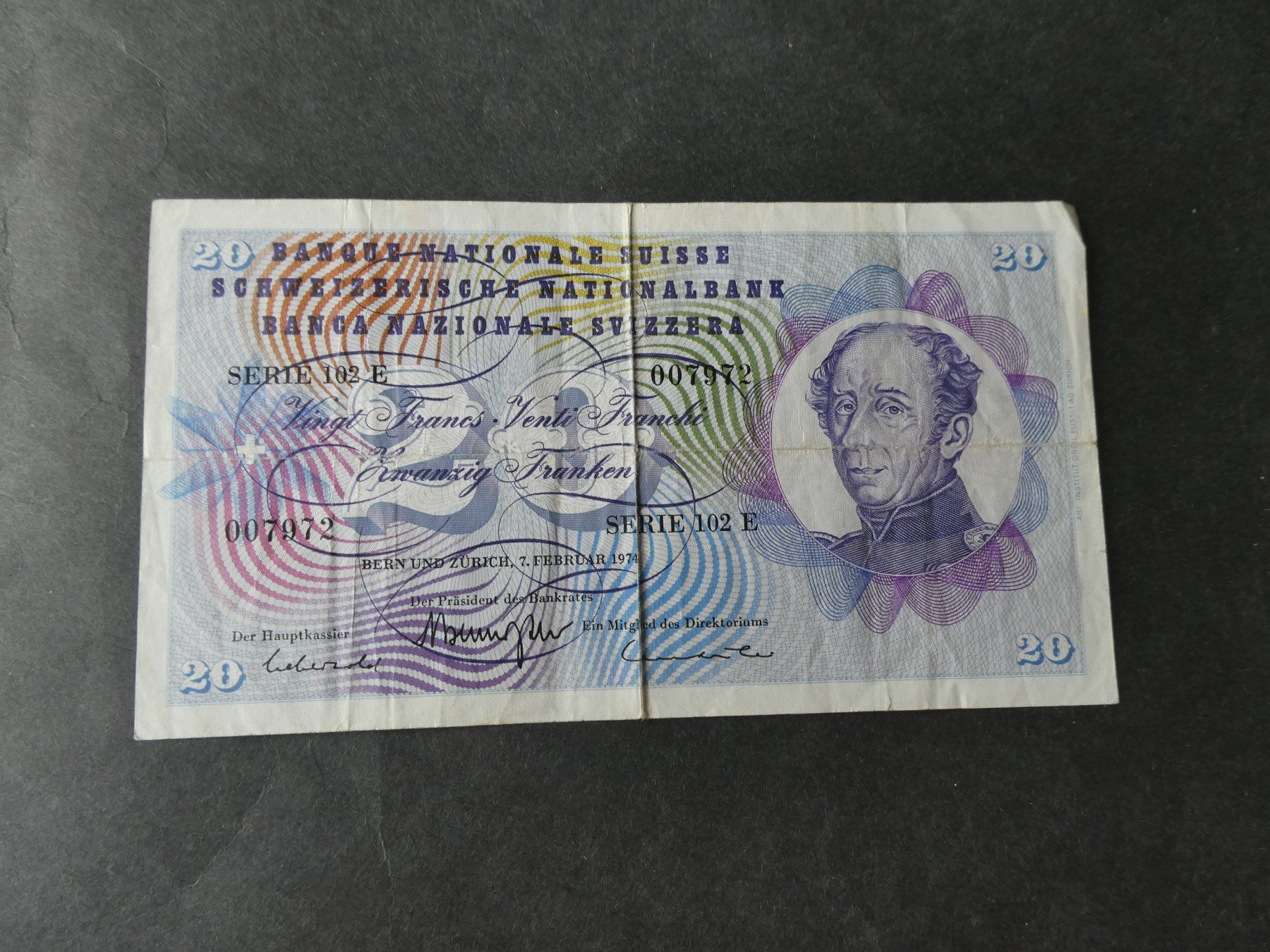 Banknoten: Schweiz 1974, 20 Franken – Gebraucht aus Hinterforst von Rohusri