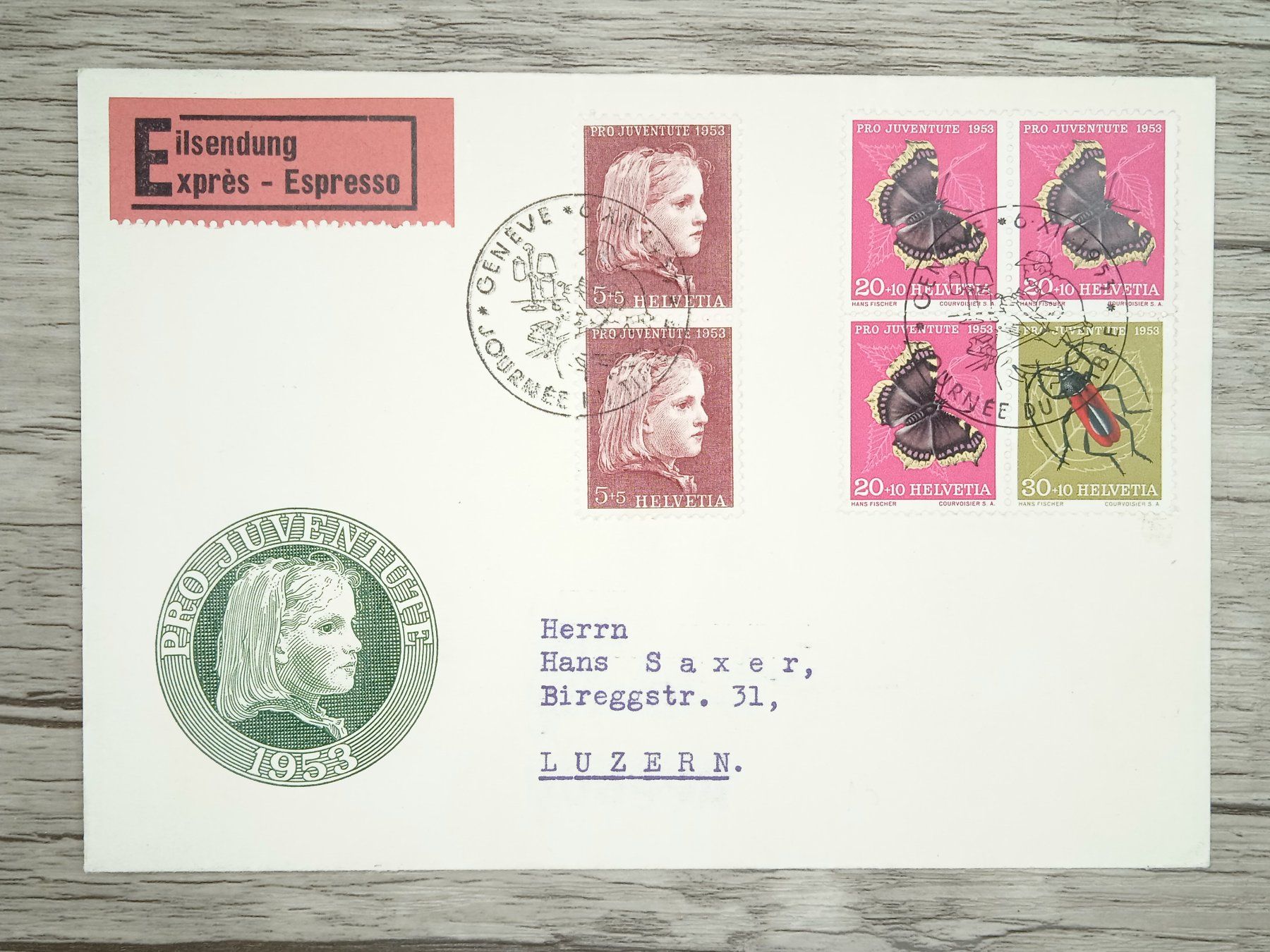 Tutti i francobolli: TR06 Enveloppe + Timbre Suisse 1953 – Usato da Cousset venduto da Patrick_Collections