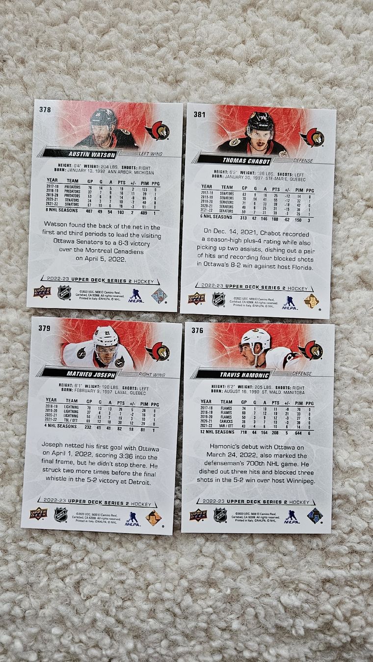 NHL Carte collezionabili: 4 cards SENATORS -HAMONIC,JOSEPH,CHABOT,WATSON – Nuovo (secondo la descrizione) da Boltigen venduto da Calagero 1
