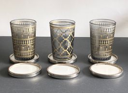 6 antike Keramik Untersetzer m. Metallmontur Hugo Lonitz&Co