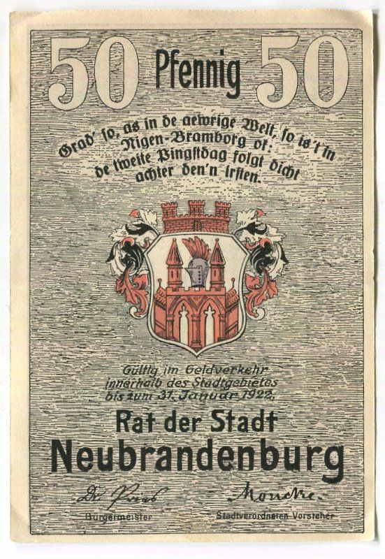 Banconote: Notgeld "50 Pfennig. Neubrandenburg 1922" – Usato da Basel venduto da Butsch5