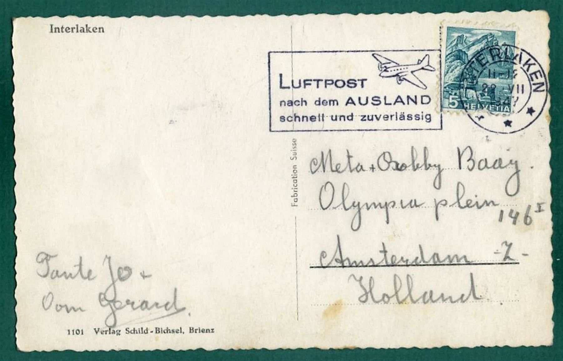 Cartoline postali: Interlaken, 1947, gelaufen – Usato da Sargans venduto da Hausi1951 1