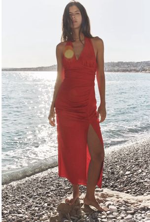 Leinen Neckholder Maxikleid rot Gr. S /Robe dos nu (723)