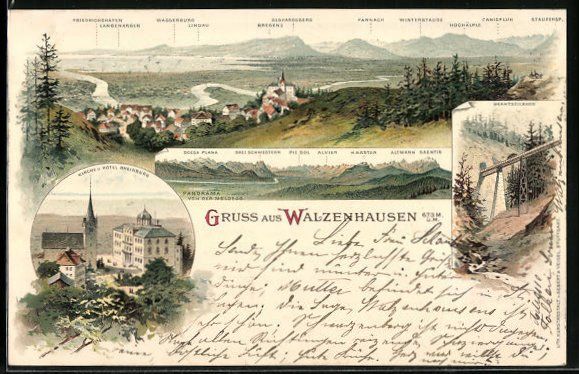 Cartoline postali: Litho Walzenhausen, Kirche und Hotel Rhe – Usato da Berlin venduto da bartko-reher