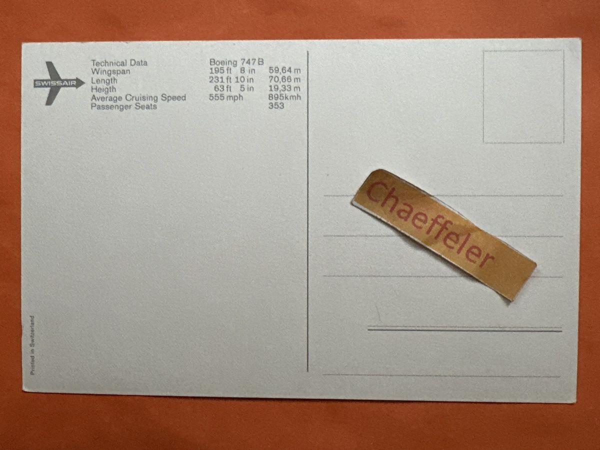 Cartoline postali: Swissair Boeing 747B  – Usato da Zürich venduto da Chaeffeler 1