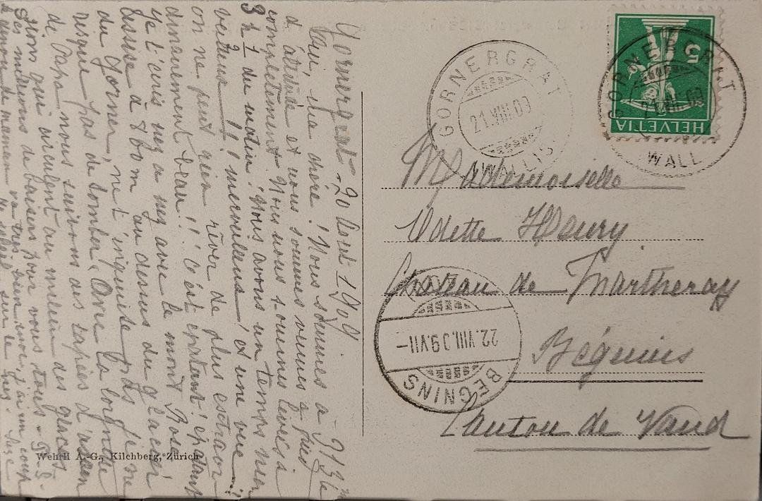 Cartoline postali: GORNERGRAT - Blick auf Monte Rosa & Lyskamm - 1909 – Usato da Delémont venduto da Domdom1 1