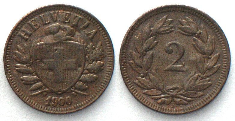 Tutti le monete: EIDGENOSSENSCHAFT 2 Rappen 1900 Bronze ss+ – Usato da Riehen venduto da sesambestcoins2004