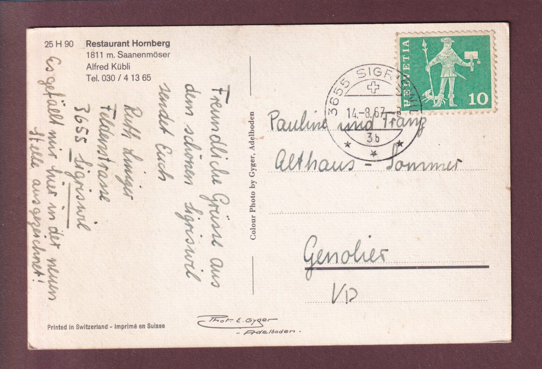 Cartoline postali: Restaurant HORNBERG - 1967 – Usato da Pully venduto da nicecards 1