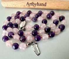 Vintage Amethyst & Rosenquarz Kette handgeknüpft Unikat