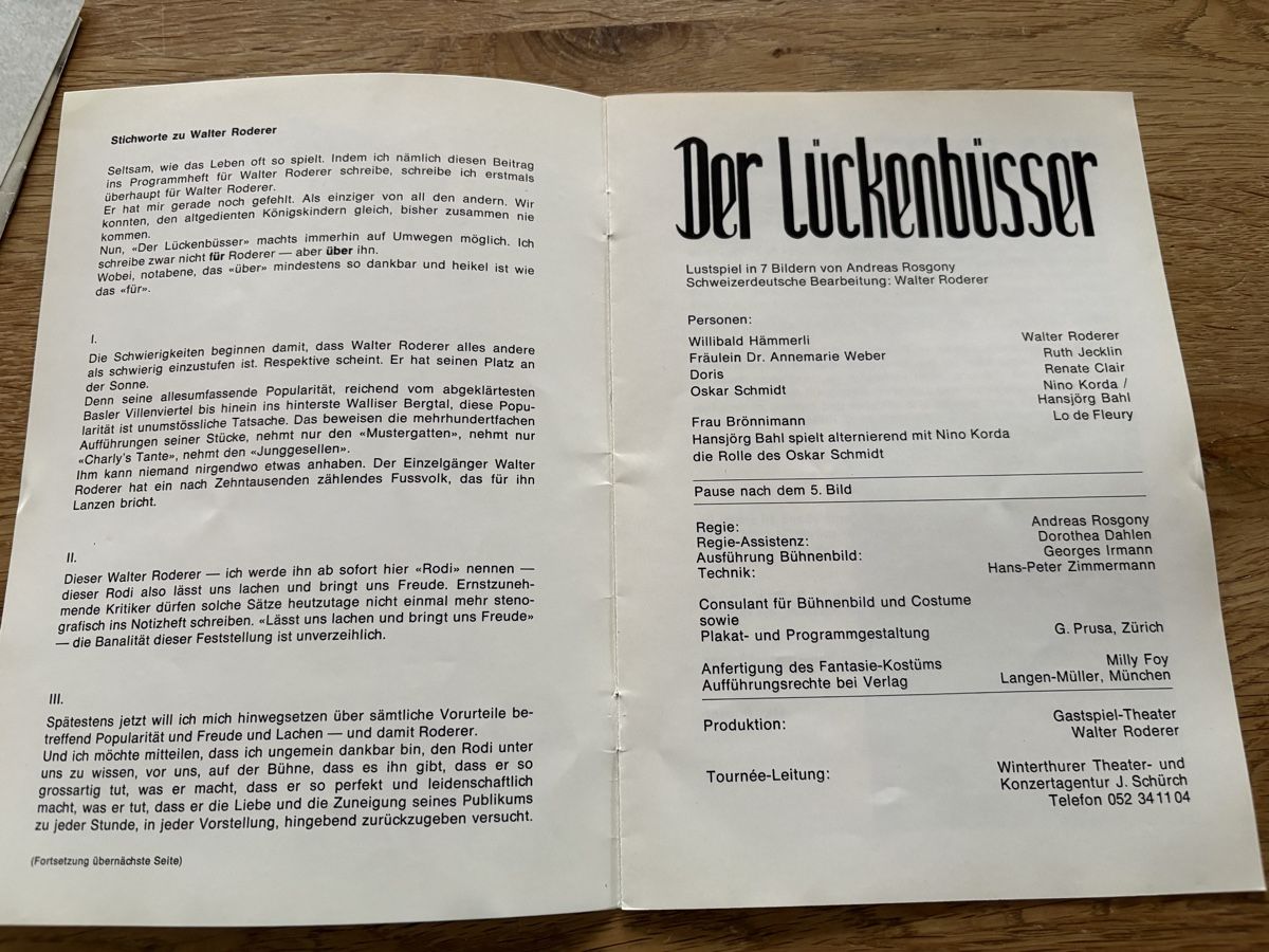 Documenti: Theaterprogramm Der Lücknüsser Walter Roderer, gut erhalten – Usato da Gossau SG venduto da Dobby1974 1