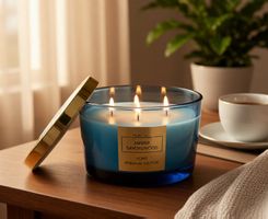Duftkerze Amber Sandelwood Sandelholz türkis Glas 3 Docht