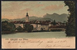 AK Olten, Ortspanorama mit Brücke, 1904