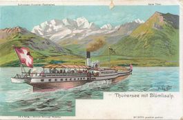 Thunersee mit Blümlisalp BE Dampfschiff Bubenberg Litho 1912