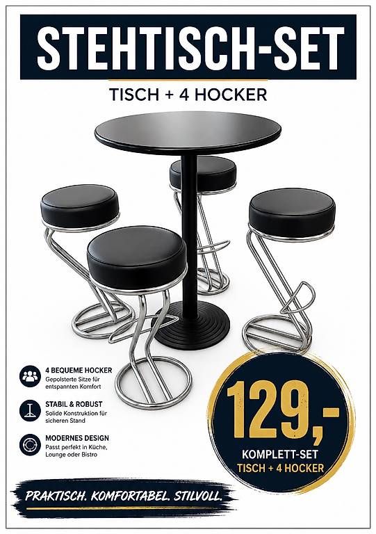 Set di tavolo e panche: Stehtisch-Set mit 4 Hockern – Usato da Langenthal venduto da PituPitu