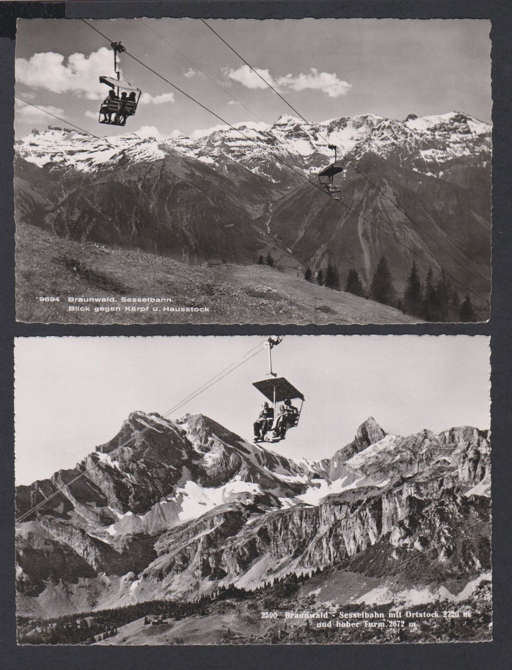 Ansichtskarten: Braunwald   -   2 alte Ansichtskarten mit Sesselbahn – Gebraucht aus Vitznau von Ropaku