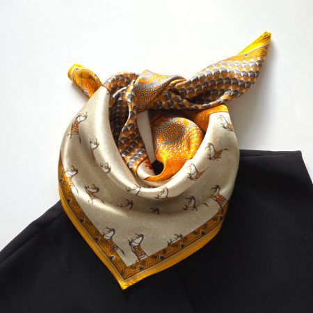 New 53cm Silk Scarf, Horse Print Orange Beige Pure Silk