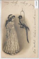 Mädchen mit Papagei - Präge-Litho